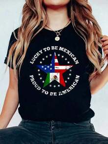 Camisetas Gráficas para Mujer, Camiseta con Estampado Orgullo Mexicano-Americano, Ropa Urbana, Cómoda, para las Cuatro Estaciones, Algodón, Camisetas de Verano para Mujer, Camiseta Oversize para el Verano - Negro - Ver 6