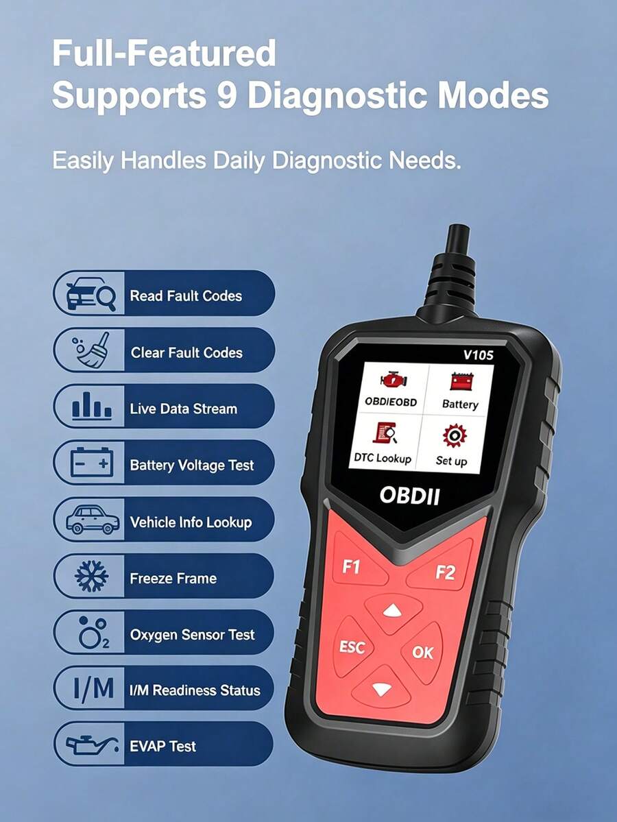 OBD2 Car Diagnostic Scanner, Full-Function Engine Diagnostic Tool With Color Screen, I/M Readiness Monitor - Black - View 1