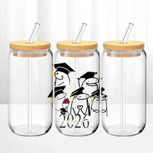 1個/5個 16盎司畢業卡通印花旅行咖啡玻璃杯 - 透明咖啡杯，防漏便攜式吸管水瓶，適合旅行、健身、辦公室和學校 - 可愛畢業生，學生畢業季禮物。冰咖啡 - 多色1 - 查看 9