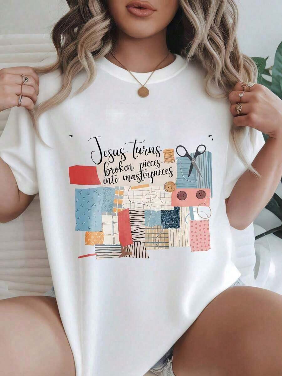 Women's Casual Short-Sleeve T-Shirt - Patchwork Design "Jesus Turns Broken Pieces Into Masterpieces", Round Neck, Summer Top, Machine Washable, Ladies' T-Shirts, Casual Wear, Modern Style, Comfortable Fit
-White - 白色 - 查看 1