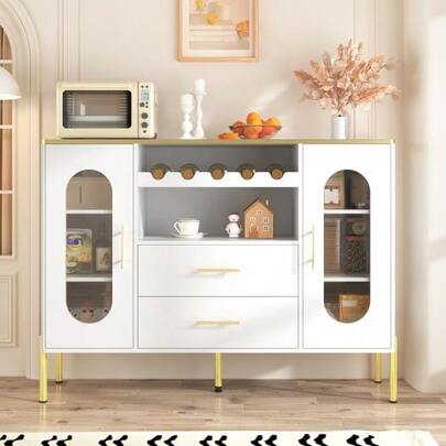 White Sideboard, Glass Fronts & Wine Rack – Sideboard For Dining Room & Living Room – Adjustable Feet – Plenty Of Storage Space & Modern Design