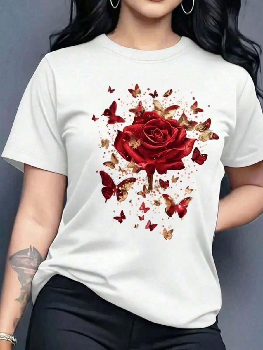 Playera camiseta gráfica dama mujer manga corta cuello redondo básica cómoda fresca ligera fit regular moderna juvenil estampado rosas flores 3d brillo mariposa insectos - Blanco - Ver 1