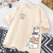 Camiseta de manga corta Universal con estampado de gato Simple, moda de verano, holgada, informal, talla grande - Albaricoque - Ver 3
