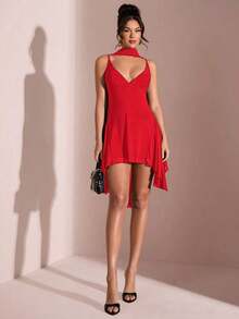 Vestido corto de gasa con escote en V profundo y cinta de color negro sólido, adecuado para citas diarias, salidas nocturnas, discotecas, fiestas, reuniones, fiestas de cóctel, monos de vacaciones, fiestas en la piscina, ropa de oficina, vestidos para ir y venir - Rojo - Ver 5