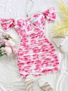 Vestido mini ajustado de punto rojo con hombros descubiertos para mujer, diseño con espalda calada, adecuado para vacaciones, citas, té de la tarde, temporada de bodas, playa, crucero, vacaciones en la ciudad, vacaciones bohemias, festivales de - Multicolor 3 - Ver 1