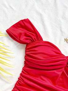 Vestido mini ajustado de punto rojo con hombros descubiertos para mujer, diseño con espalda calada, adecuado para vacaciones, citas, té de la tarde, temporada de bodas, playa, crucero, vacaciones en la ciudad, vacaciones bohemias, festivales de - Rojo - Ver 5