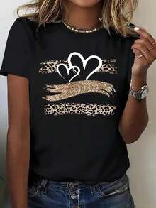 Women's Limited Edition Short-Sleeved T-Shirt With A Round Neck And Black Glitter Leopard Print - Slim Fit H-Shaped, Versatile Casual Top For All Seasons, Machine Washable, Everyday Fashion, Summer Wear, Classic Style, Durable Fabric, A Must-Have For Fashion Lovers. Lightweight Cotton. - 黑色 - 查看 1