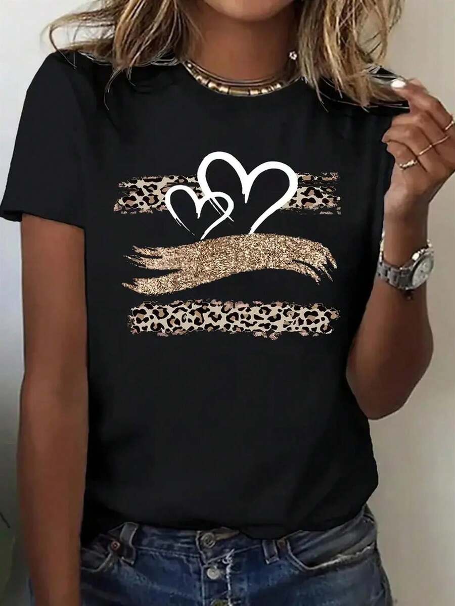 Women's Limited Edition Short-Sleeved T-Shirt With A Round Neck And Black Glitter Leopard Print - Slim Fit H-Shaped, Versatile Casual Top For All Seasons, Machine Washable, Everyday Fashion, Summer Wear, Classic Style, Durable Fabric, A Must-Have For Fashion Lovers. Lightweight Cotton. - 黑色 - 查看 1
