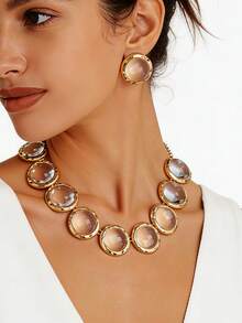 2pcs Luxury Retro Black Gold Round Jewelry Set: Short Necklace + Earrings, Elegant Commuting, Party, Banquet Accessory Set - Golden Yellow + Transparent - View 1