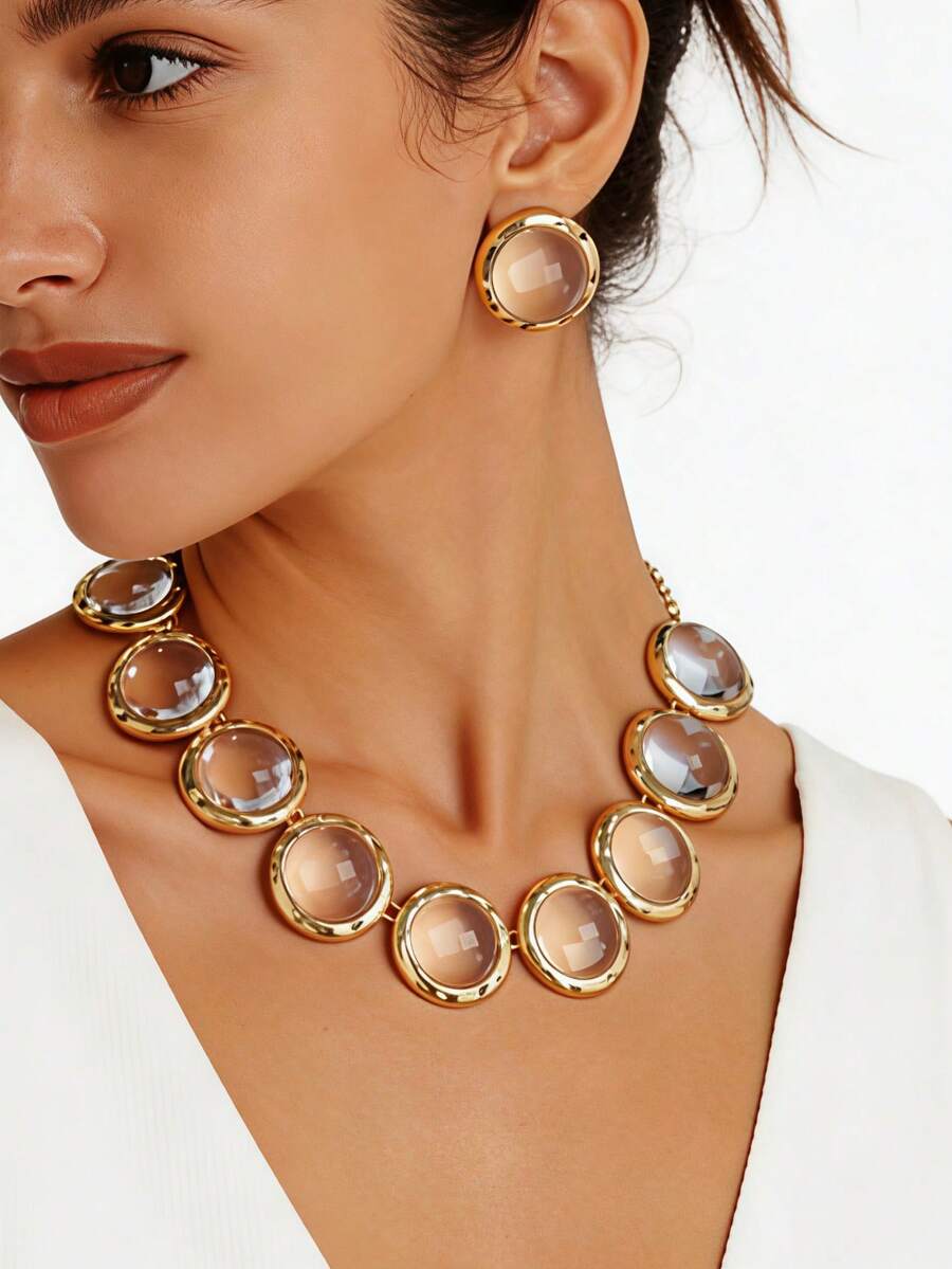 2pcs Luxury Retro Black Gold Round Jewelry Set: Short Necklace + Earrings, Elegant Commuting, Party, Banquet Accessory Set - Golden Yellow + Transparent - View 1