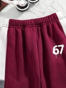 Tween Boy Letter Graphic Color Block Warm Crew Neck Sweatshirt And Pants Set - Burgundy - View 8