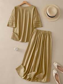 2 piezas Conjunto vintage casual: Blusa con mangas de volantes de unicolor y falda asimétrica con bolsillo con botón, conjunto versátil retro para el día a día y el verano - Caqui - Ver 3