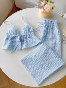 casual de 2 piezas de mujer con rayas tejidas, para primavera/verano - Celeste - Ver 6