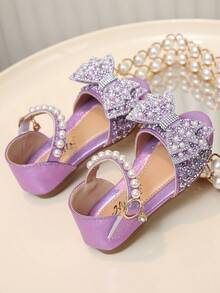Shiny Rhinestone Pearl Bow Girls' Princess Sandals, Soft Bottom Round Toe PU Flat Sandals, Suitable For Spring, Summer, Autumn Holidays And Daily Wear - Purple - View 6