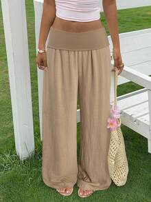 Women's Low Waisted Pants Solid Color Wide Leg Loose Fit Trousers Women Comfortable Casual Daily Wear - Caqui - Ver 4