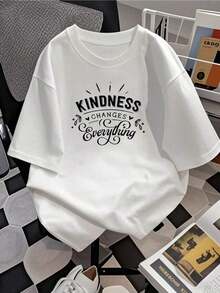 Women's Graphic Print Short-Sleeve T-Shirt, "Kindness Changes Everything," Inspirational Slogan Tee, Super Soft Pure Cotton, Casual Everyday Wear, Perfect Gift For Positive-Minded Women, Comfortable And Stylish T-Shirt For Everyday Leisure. - 白色 - 查看 2