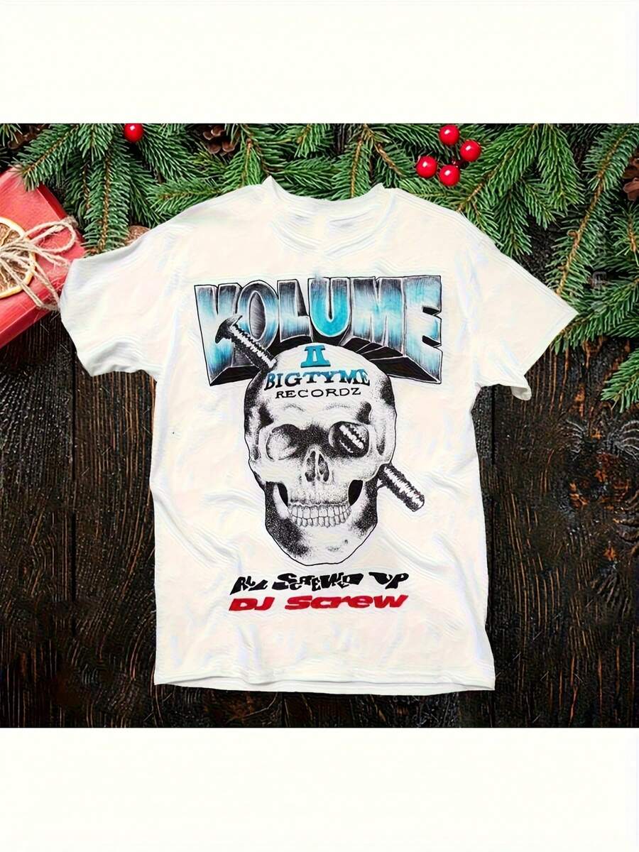 Unisex T-Shirt For Men And Women Featuring A DJ Screw Skull And Vinyl Record Design. Soft And Versatile, This Versatile T-Shirt Is Perfect For Everyday Wear And Makes A Great Christmas Gift For Fans And Friends. Suitable For Lounging At Home, Everyday Wear, Parties, And Travel, It's Also A Perfect Present For Friends Or Family. - 白色 - 查看 1
