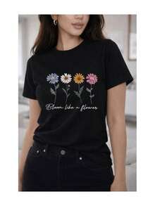 Camiseta casual de manga corta para mujer con estampado de flores, estilo floral minimalista y frase inspiradora - Negro - Ver 6