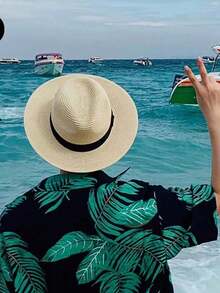 1件中性夏季防曬草帽，寬簷沙灘帽，旅行巴拿馬帽 - 彩色 - 查看 4