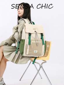 Mochila casual de bloques de color, bolsa escolar con solapa de cordón para adolescentes y mujeres, ligera y duradera, disponible en múltiples colores ideal para la escuela, viajes de fin de semana, recados y actividades al aire libre, compartimentos espaciosos para libros, portátiles y artículos esenciales, panel trasero transpirable y correas ajustables para mayor comodidad - Multicolor - Ver 6