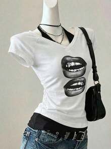 Camiseta de mujer casual de cuello en V retro, con atar, de manga corta y contraste de color, adecuada para el verano - Blanco 2 - Ver 7