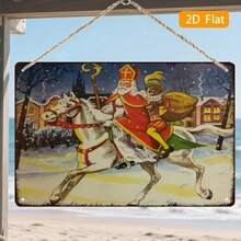 2D Flat, A Single Piece Of Vintage Dutch Sinterklaas Metal - Measuring 8.0X12.0 Inch, Featuring The Dutch Saint Nicholas On A White Horse, Dressed In A Black Robe And Red Cape - 1PC - View 2