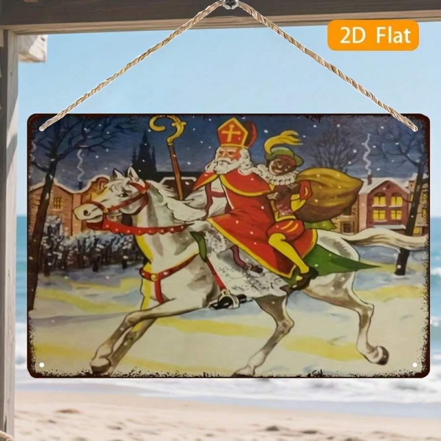 2D Flat, A Single Piece Of Vintage Dutch Sinterklaas Metal - Measuring 8.0X12.0 Inch, Featuring The Dutch Saint Nicholas On A White Horse, Dressed In A Black Robe And Red Cape