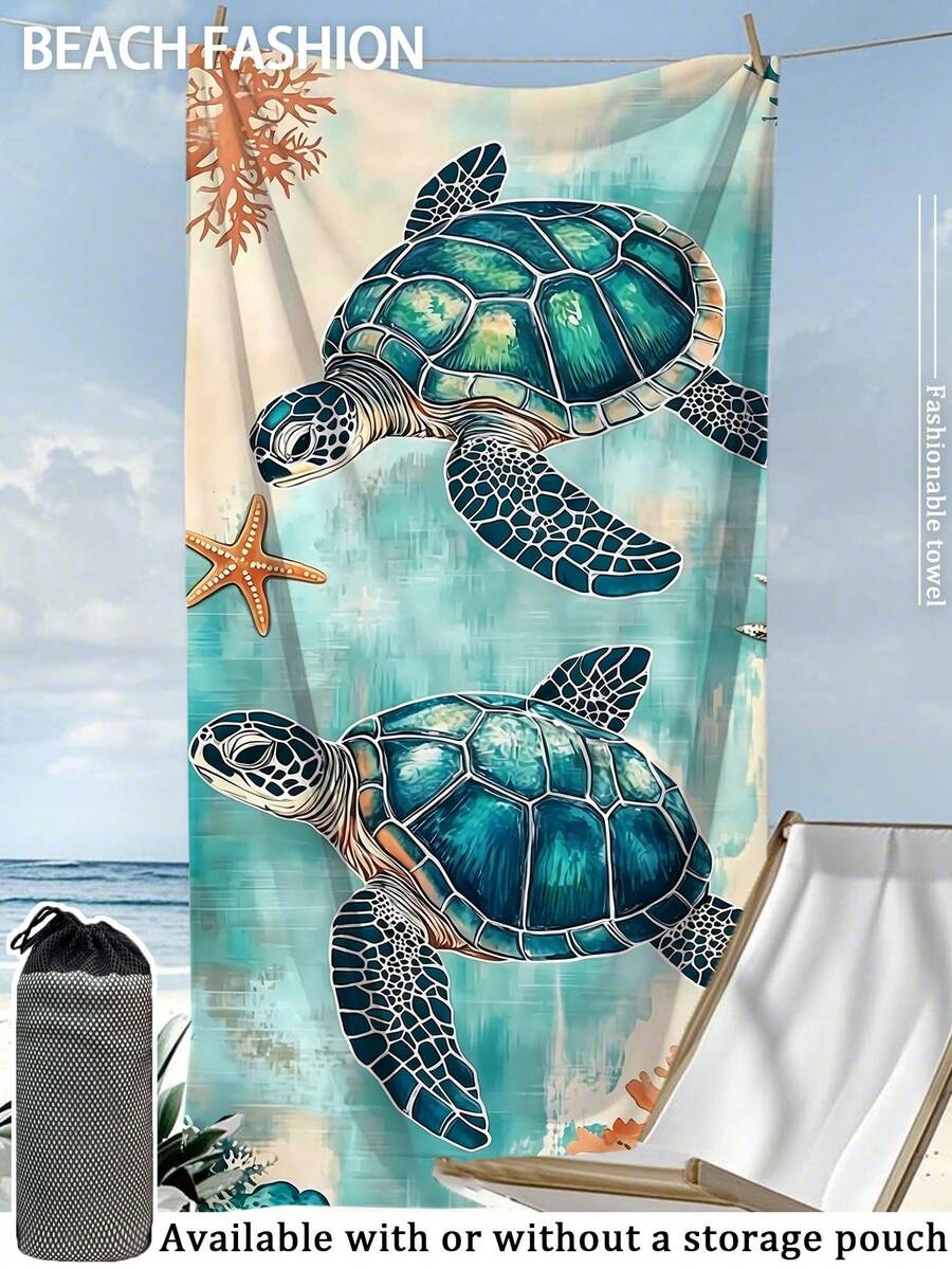 夏季速干吸水超细纤维沙滩巾 | 70*140/90*180厘米可选 | 海龟图案印花 | 便携式游泳/浴巾,可选配收纳袋,适用于沙滩、浴室、露营、健身、旅行 - 青碧色 - 查看 1