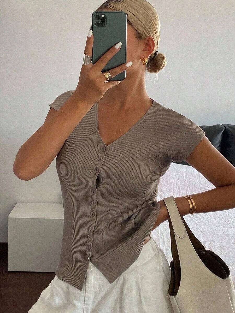 Cárdigan casual de verano para mujer, de unicolor, ajustado, de cuello en V, elástico y delgado - Gris - Ver 1