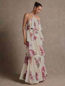 Vestido maxi elegante y romántico para invitada de boda, de gasa con cuello halter y volantes, en un solo color - Multicolor 2 - Ver 4