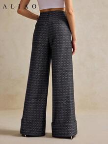 Pantalones anchos de pierna ancha de estilo palaciego bohemio vintage, de alta gama, de jacquard azul marino lavado, para mujer, adecuados para volver a la escuela, Año Nuevo, fiestas, uso diario y vacaciones - Negro - Ver 4