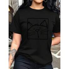 Camiseta de Mujer 100% Suave Rosa con Estampado de Cara de Gato Negro - Cuello Redondo Casual, Manga Corta, Top Rosa Pálido, Atuendo Minimalista Casual, Comodidad para Todas las Estaciones, Lavable a Máquina, Outfit para Amantes de los Gatos - [Negro] - Ver 1