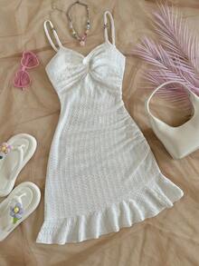 Vestido mini ajustado con cintura ceñida, bajo con volantes y giro asimétrico en el pecho, tejido en rojo, adecuado para vacaciones, citas, té de la tarde, vacaciones, festivales de música, estilo bohemio - Blanco - Ver 6