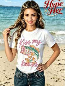 Best Seller 2026, Women's Short Sleeve Crew Neck Cotton T-Shirt With Kiss My Bass Fish Print, For Casual Or Office Wear, Modern Everyday Top, Summer Clothes For Women - 白色 7 - 查看 6