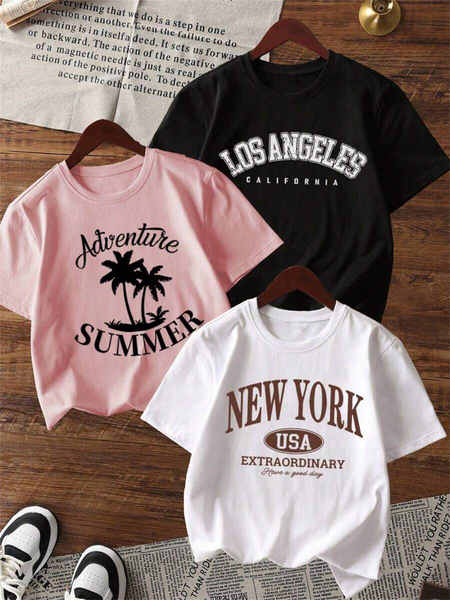 Conjunto de 1 pieza de camiseta deportiva para mujer, camiseta con estampado de cultura urbana y ambiente estacional, top deportivo transpirable y elástico de manga corta y cuello redondo, adecuada para correr, practicar deportes, hacer ejercicio y usar en casa, serie de verano, 100% algodón, lavable a máquina. - Blanco - Ver 1