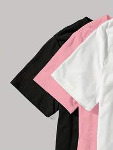 Plus Size Women's Short Sleeve Top With Round Neck And Solid Color Letter Print. - أبيض - مشاهدة 2