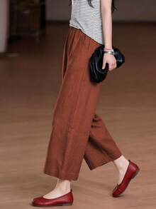 Pantalones anchos de lino de estilo bohemio casual de verano para mujer, de unicolor, con cintura elástica y bolsillos, para primavera - Rojo - Ver 5