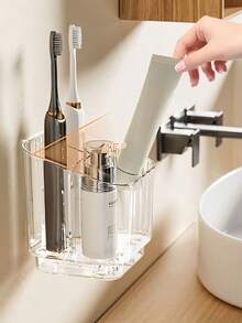 Transparent Toothbrush Holder Wall Mount Storage Rack, Can Hold Toothbrush, Comb, Razor And School Supplies, Multi-Function Bathroom Organizer Shelf, Suitable For Men And Women, Applicable To Kitchen, Bathroom, Bedroom And School, Bathroom Accessories - Multicolor - View 11