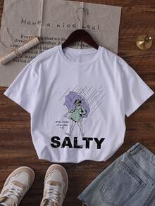 Casual Women's White Short Sleeve Round Neck T Shirt With Salty Graphic Print Drop Shoulder Knitted Fabric Tee Top - 白色 - 查看 2