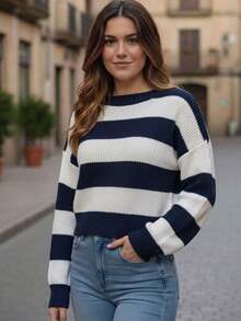 Women's Striped Knit Blouse With Long Sleeves And Round Neck - Versatile Winter - 藏蓝色 - 查看 1
