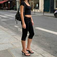 Y2K Lace Trim Capri Leggings, Ruched High Waist Slim Fit Cropped Pants - Black - View 6