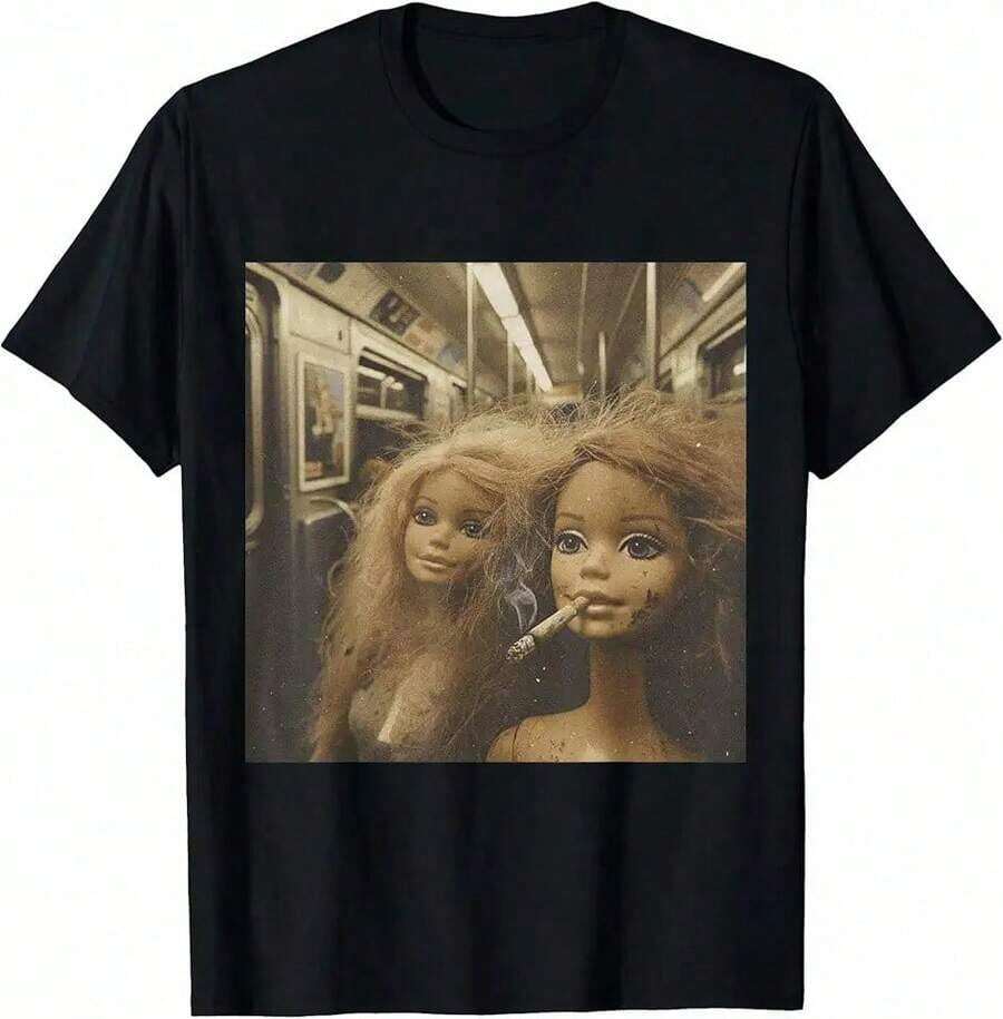 1 Piece Funny Graphic T-Shirt With Doll Design For Party, Vintage Meme T-Shirts, 90s Retro Style, Doll Face Meme T-Shirt For Men And Women, 180g 100% Cotton. - 黑色 12 - 查看 1