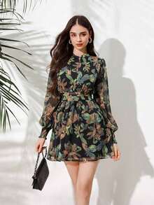 Revavyn Revavyn Vestido de manga farol con estampado completo, outfit de vacaciones para mujer - Multicolor - Ver 1