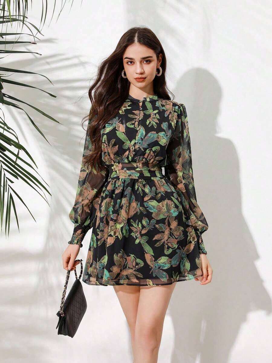 Revavyn Revavyn Vestido de manga farol con estampado completo, outfit de vacaciones para mujer - Multicolor - Ver 1