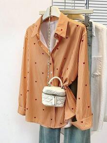 Blusa de mujer con cuello polo, estampado de corazones y rayas - Camisa casual de manga larga con botones, adecuada para uso diario en primavera, verano y otoño - Naranja - Ver 1
