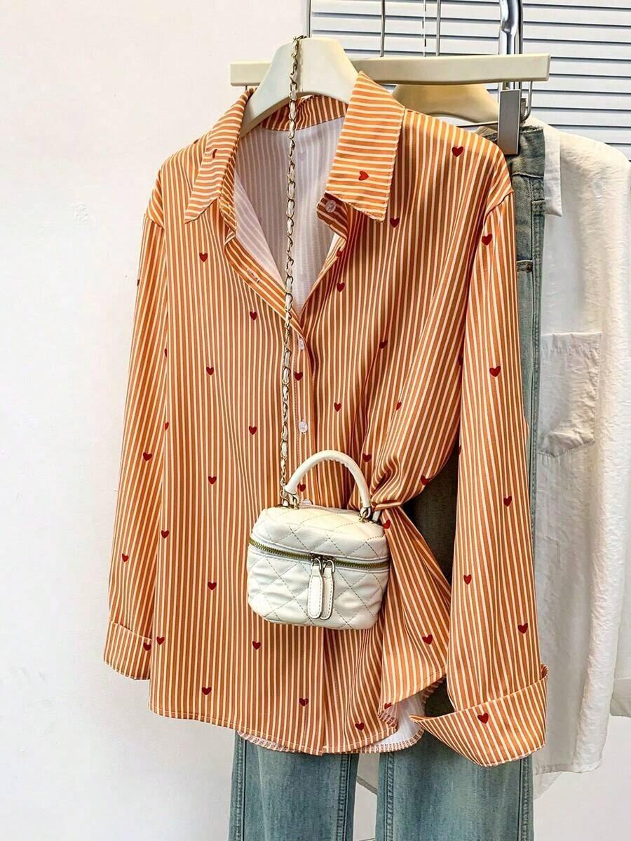Blusa de mujer con cuello polo, estampado de corazones y rayas - Camisa casual de manga larga con botones, adecuada para uso diario en primavera, verano y otoño - Naranja - Ver 1