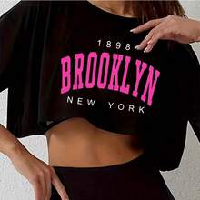 Camiseta Los Ángeles número 91 Brooklyn gráfico cuello redondo deportes Crop camiseta Casual Crop Top mujeres recortadas - blanco403 - Ver 4