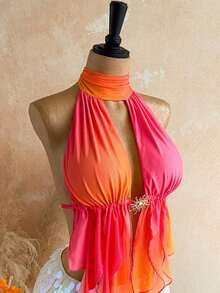 Blusa de mujer con encaje bordado, escote halter, espalda descubierta, tirantes con lazo, bajo fluido y elegante, adecuada para la playa, cruceros y resorts - Multicolor 5 - Ver 4