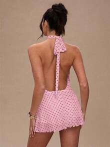Vestido mini de mujer con estampado de lunares, estilo vacacional, de escote de halter - Rosa - Ver 2