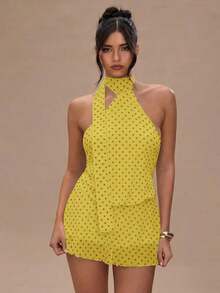 Vestido mini con estampado de lunares y espalda descubierta para mujer - Mostaza Amarilla 2 - Ver 7